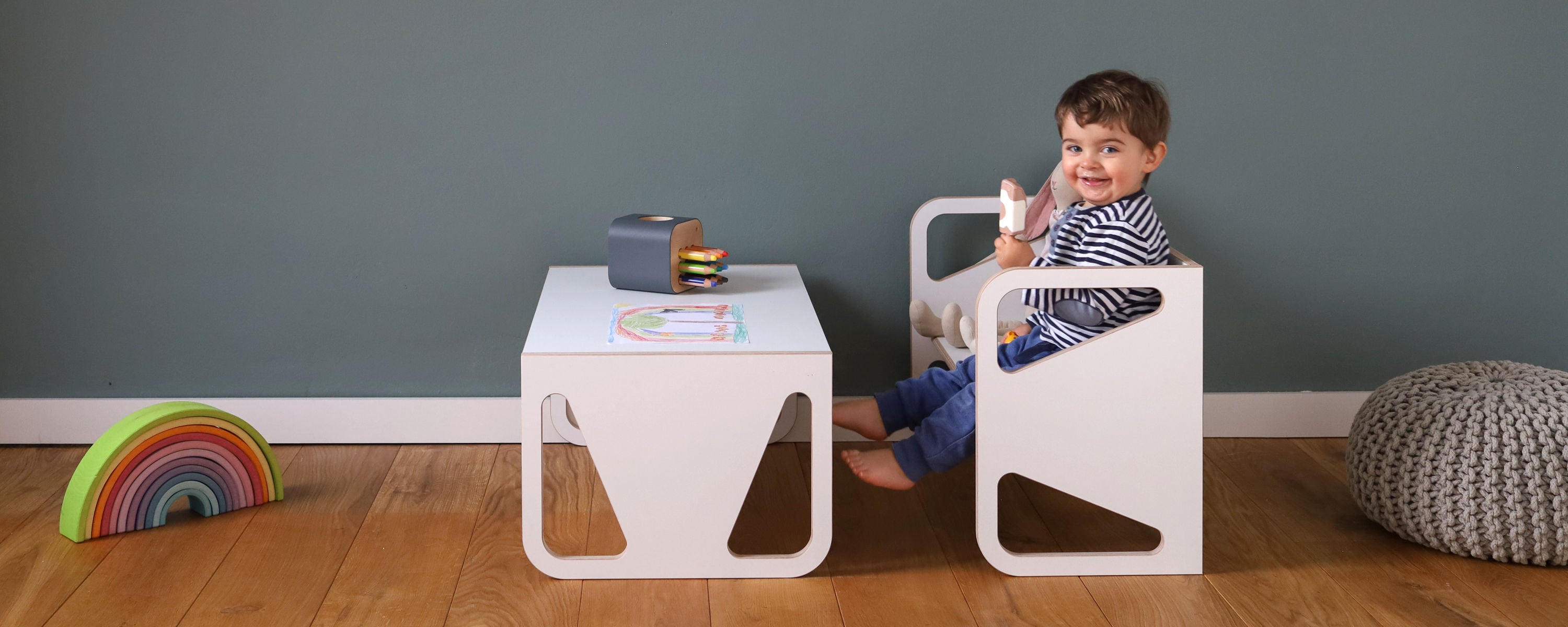 mitwachsende Kinderbank / Kindertisch Lilo aus Holz & Wandboard von Wilja