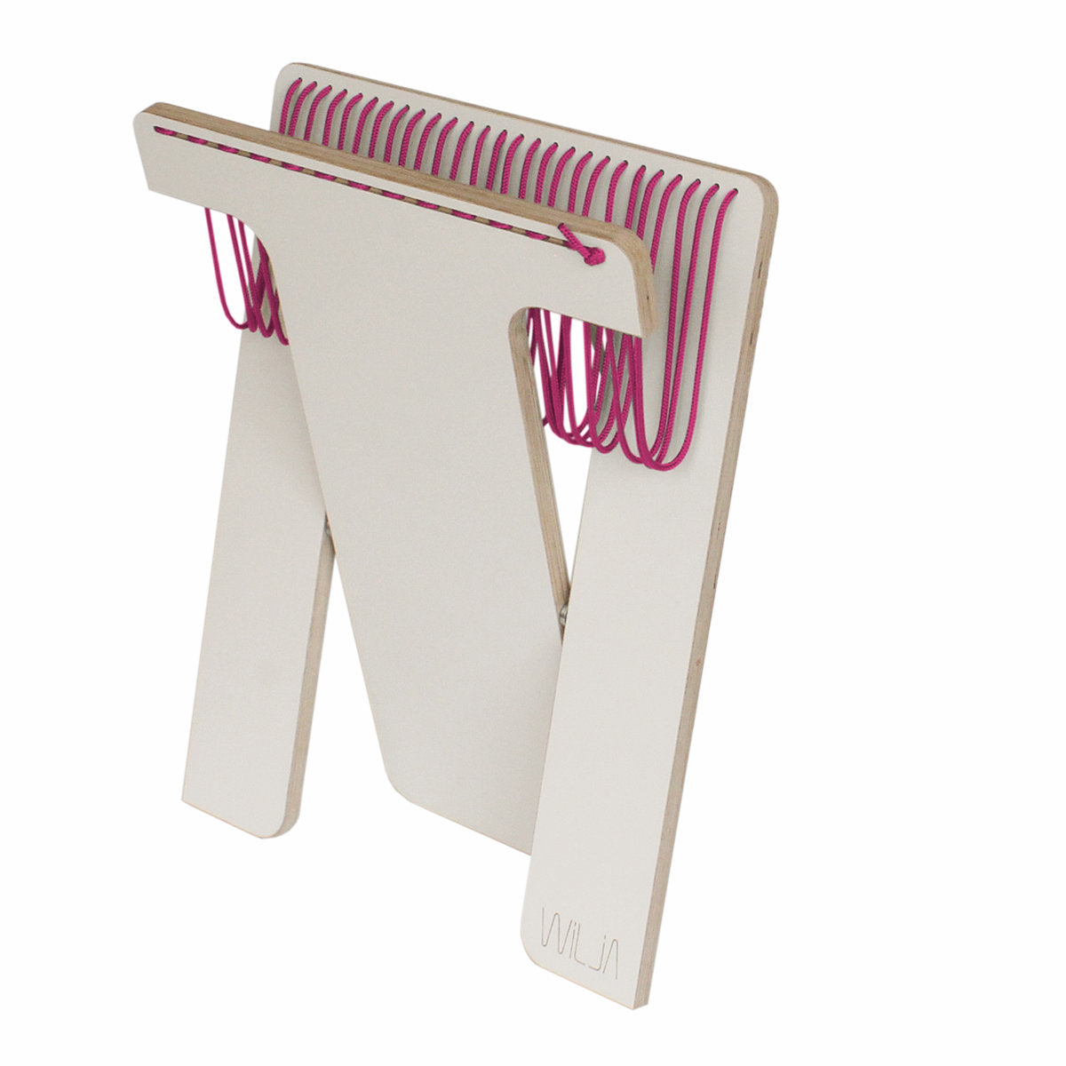 WILJA Klapphocker Karl faltbar aus Holz mit Seil in pink Freisteller zusammengeklappt